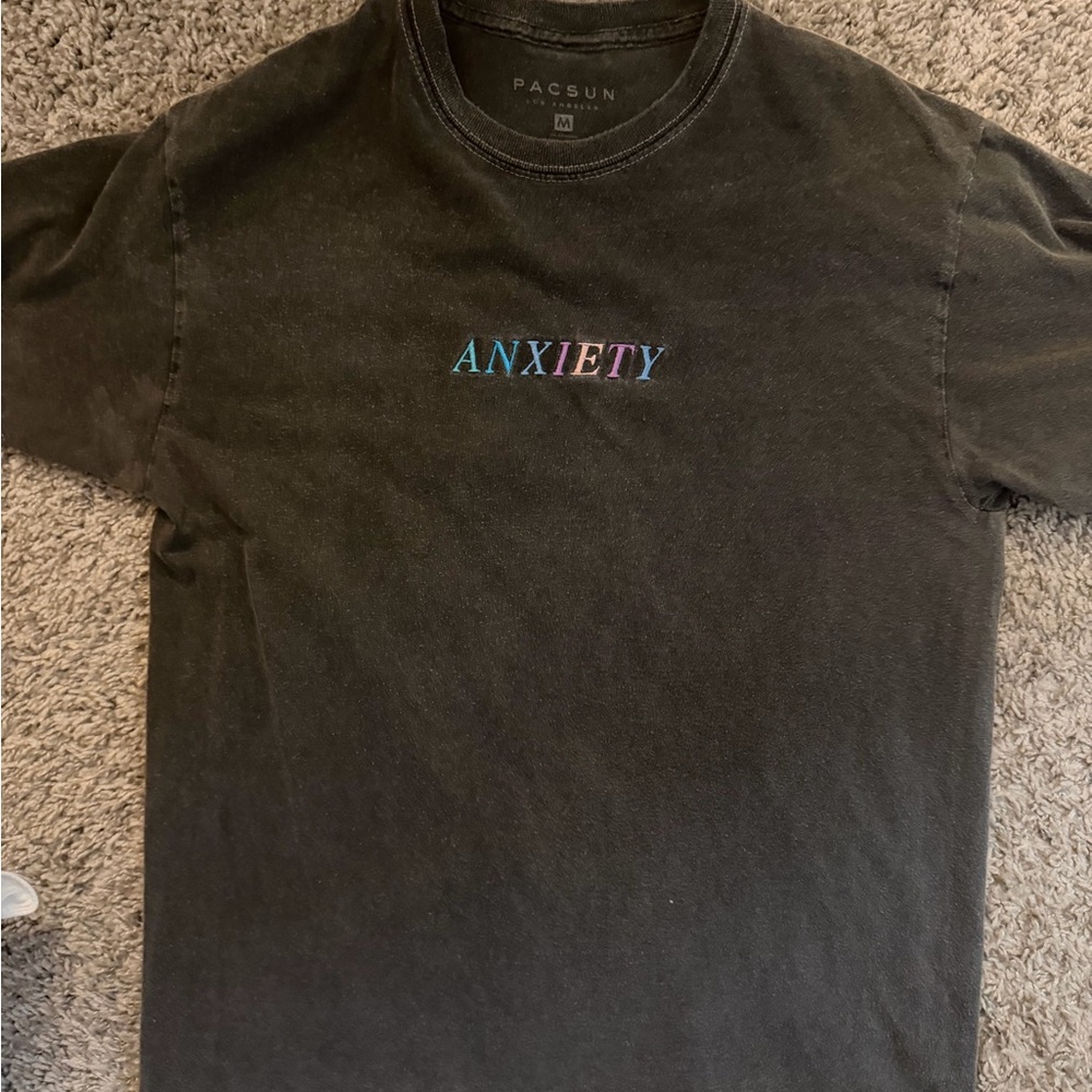PacSun Charcoal Tee with Multicolor 'ANXIETY' Print